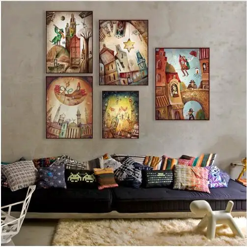 

Vintage Retro Fantasy Cartoon City Dream Boat Stars A4 Art Print Poster Funny Wall Picture Canvas Painting Home Decor No Frame