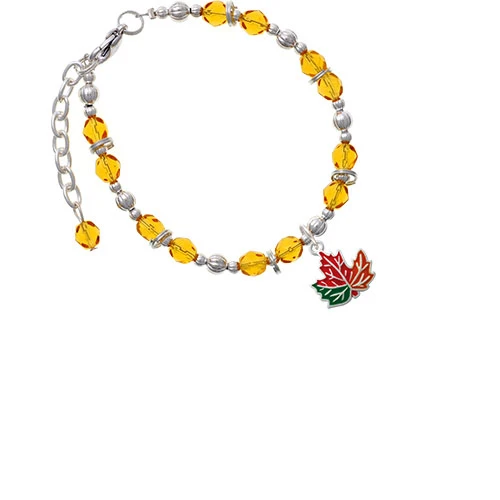 Silvertone Large Orange Fall Leaf Yellow Beaded Bracelet