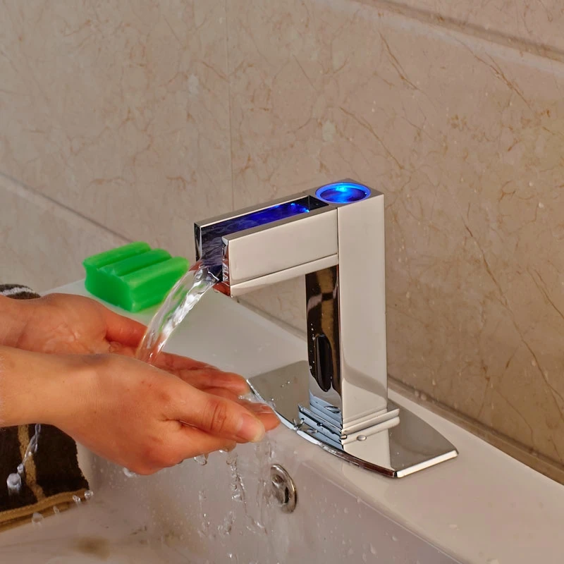 

3 LED Light Chrome Finish Automatic Sensor Faucet Free Handle W/6" Cover Plate Only Cold Tap