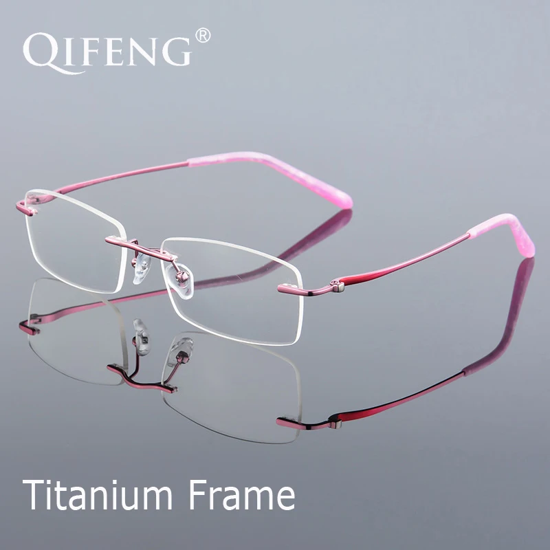 

QIFENG Spectacle Frame Eyeglasses Women Computer Optical Myopia Titanium Rimless Clear Lens Glasses Frame Female Eyewear QF233
