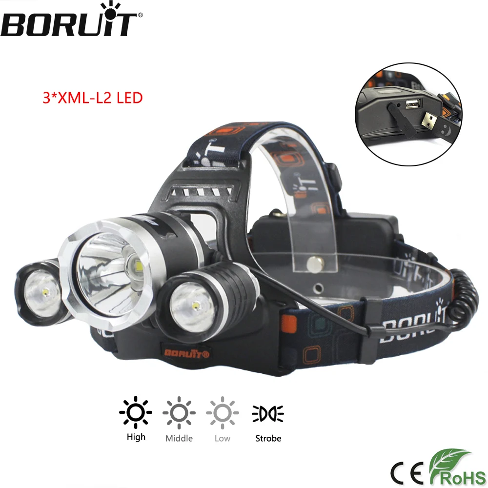 

BORUiT RJ-5000 3000LM XM-L2 LED Headlight 4-Mode Headlight Power Bank Head Torch Camping Hunting Flashlight by 18650 Battery