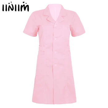 

iiniim Women Adults Uniforms Lapel Collar Short Sleeve Button Front Solid Color Hospital Nurse Scrub Lab Coat Uniform Dress