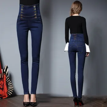 

2018 winter European station extra large size high waist Ladies Denim trousers Slim Elastic feet Pencil pants Size S-5XL 6XL