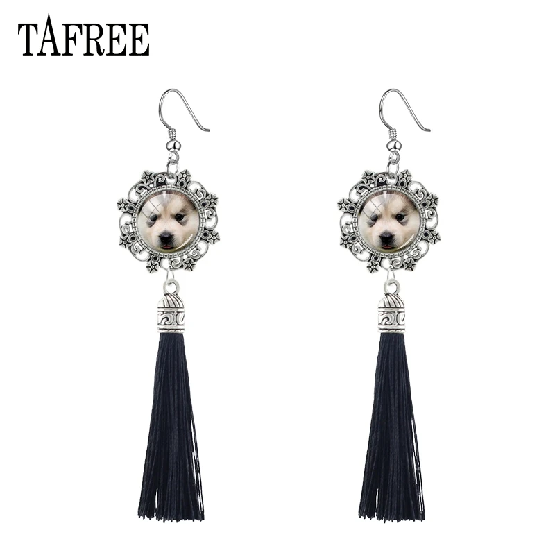 

TAFREE Lovely Husky Dogs Dangle Earrings Special Fashion Black Tassel Earrings Animals Bohemia Glass Cabochon jewelry CN400 4