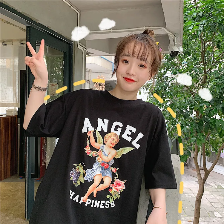 Harajuku Chic T-shirt Women Summer Tops Women Clothes Loose Angel Tops Oversized T Shirt Pink Student