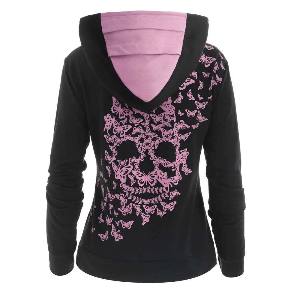 Winter New Fashion Butterflies Skull Print Hoodie Kangaroo Pocket Hooded Sweatshirtwomen Hoodies Sweatshirts outwear - Цвет: Pink