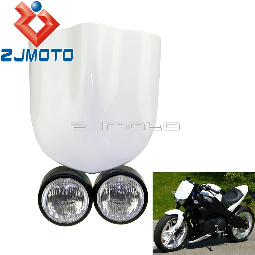 ZJMOTO Universal Motorcycle Twin Headlight H4 Headlamp Dominator Windshield  Lighthouse For Suzuki SFV650 SV650 Streetfighter