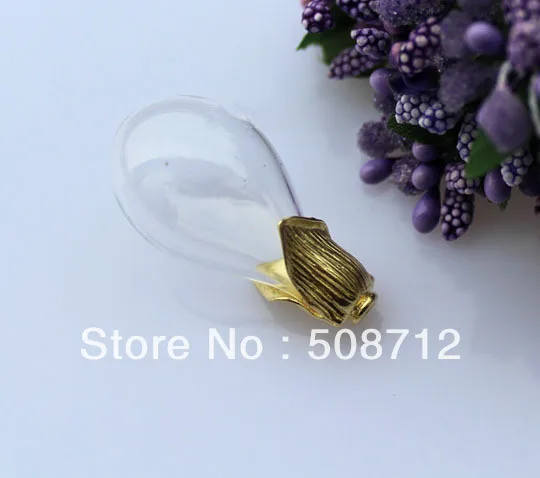 

Free shipping!!!! 30*18mm Glass glass cover Pendant Locket round base bulb shape Charm /Water Drop pendant with Gold cap