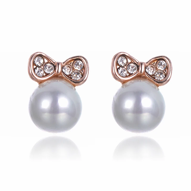 

SUKI Cute Gold Pink Butterfly Bowknot Ear Stud Earrings Simulated-Pearl Charm Earrings For Women Crystal Fashion Jewelry Gifts