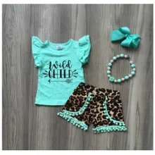 Новая летняя детская одежда для маленьких девочек шорты с помпонами Леопардовый Костюм для детей с изображением Иисуса изысканные аксессуары с оборками