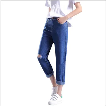 

Top High Quality Spring Summer 2019 New BF Style Women Jeans High Waist Plus Size 3XL Harem Pants Female Loose Holes JeansCQ1578
