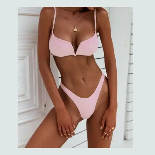 

Women Sexy Solid V-neck Bikini Set Push-up Padded Bra Swimsuit 2019 New Swimwear Triangle Bather Swimming Suit biquini Summer