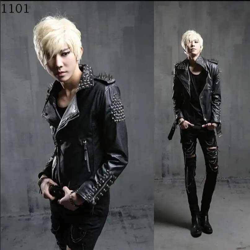 

New Boy Korean Lapel Leather Clothing Men's Slim Fashion Rock Singer Costume Punk Stage Rivet Jacket PU Leather Jacket Coat