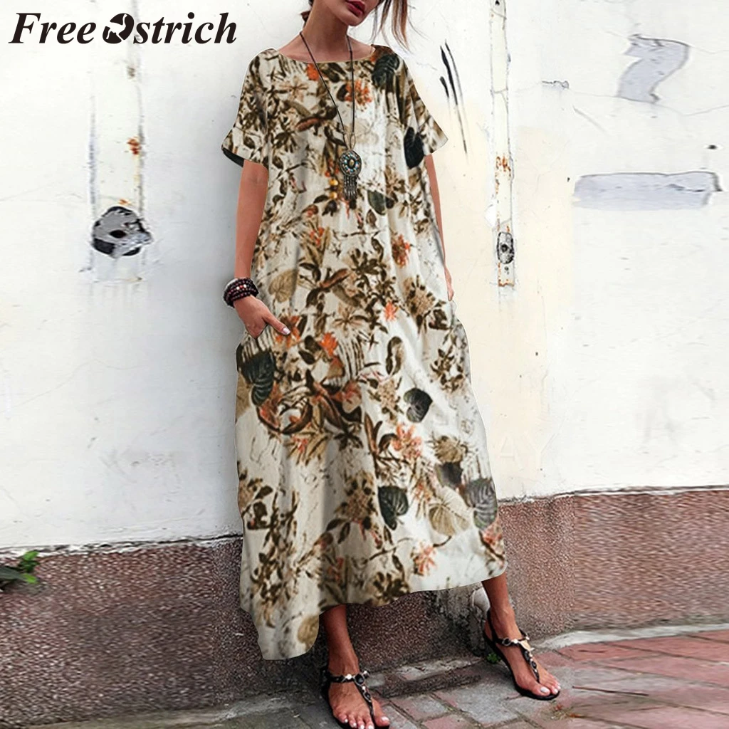 

FREE OSTRICH Dress Women Boho Floral Ankle-Length O-Neck Pockets Loose Maxi Yellow Dignified Noble Graceful Long Dress Summer