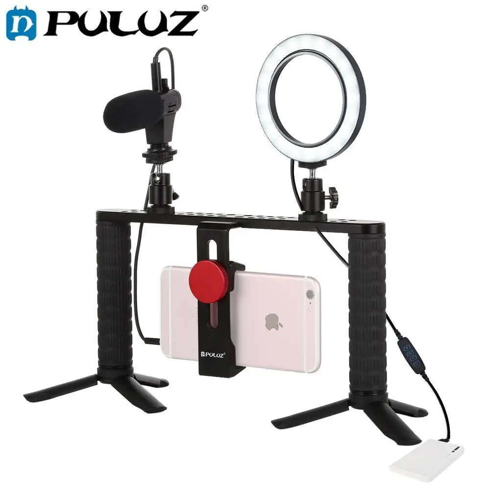  PULUZ 4 in 1 Vlogging Live Broadcast Ring LED Selfie Light Smartphone Video Bracket Kits+Microphone