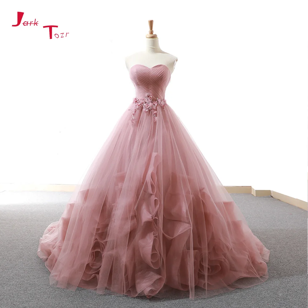 

Jark Tozr Custom Made Pearls Appliques Flowers Lace Up Back Coral Ball Gown Wedding Dresses With Petticoat Vestido De Casamento