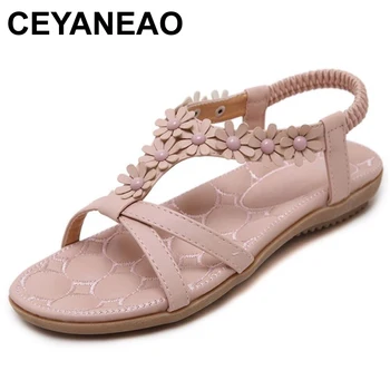 

CEYANEAO Summer new sweet woman flat sandals Bohemia flower fashion women's sandals large size fashion comfortable soft sandals