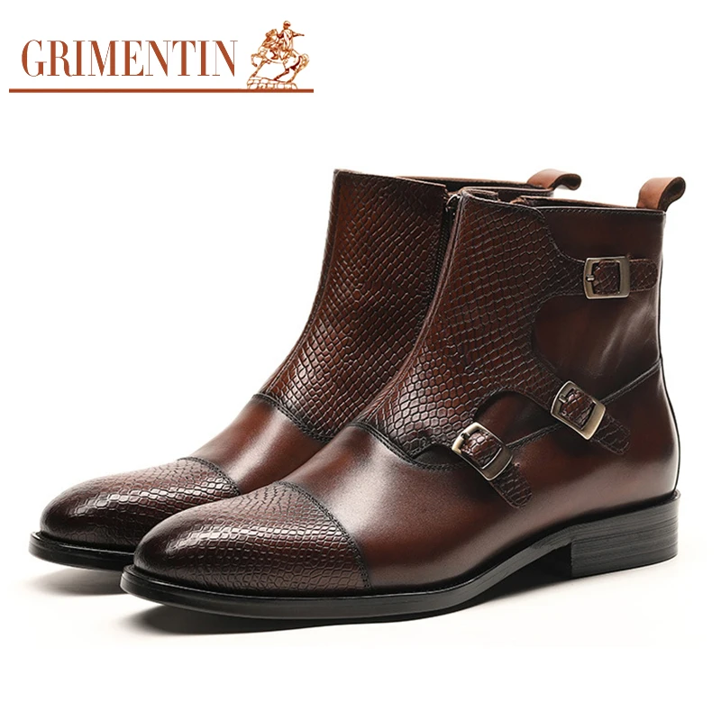 Grimentin Men Buckle Ankle Boots Genuine Leather Brown fashion cowboy ...