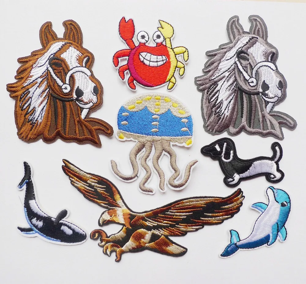 

Mix Crab Horse Embroidered Hot melt iron on Patches Cute Dog Eagle Animal Applique Sticker Badges For Clothing Accessory Sewing