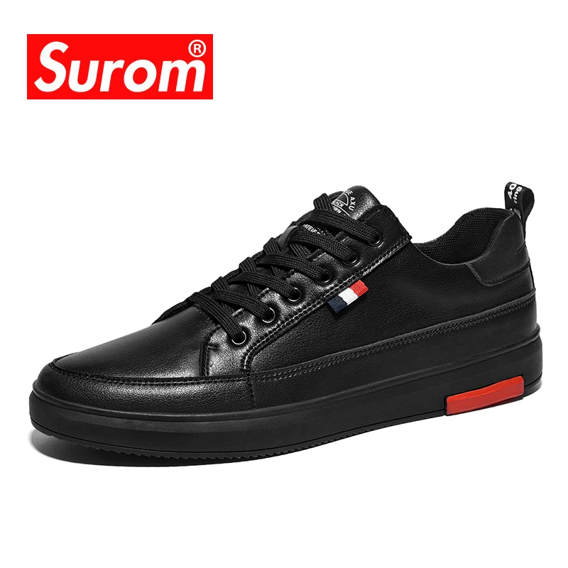 SUROM Leather Casual Shoes Men White Lace Up Fashion Classic Men Dress Shoes Black Flats Male Comfortable Breathable Lightweight