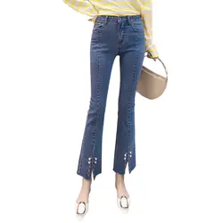 Модные Высокая Талия Джинсы для женщин женские звон Flare Рваные джинсы для женская обувь на застежке-молнии Кнопка Разделение подол Тонкий