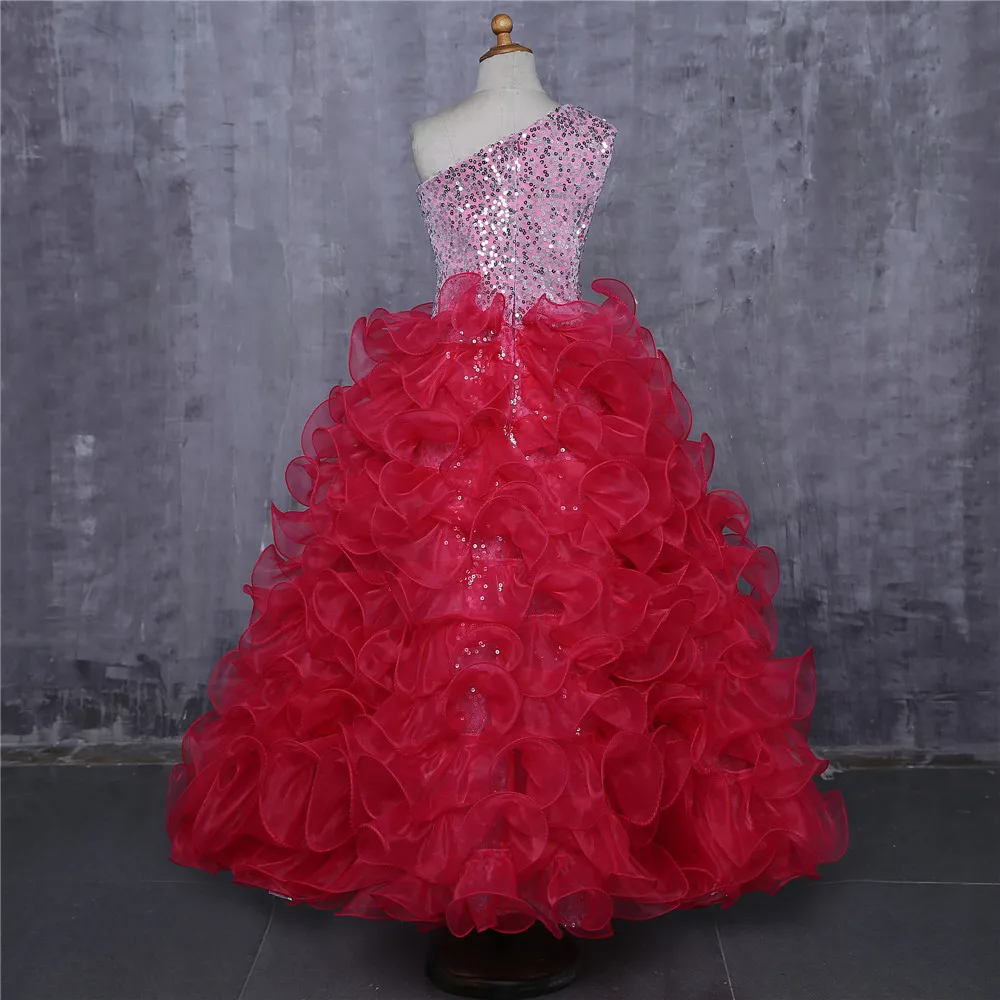 Г. Красные праздничные платья для девочек на свадьбу, бальное платье, одно плечо, органза, оборки, Вышитое Блестящим Бисером, платье с цветочным узором для девочек
