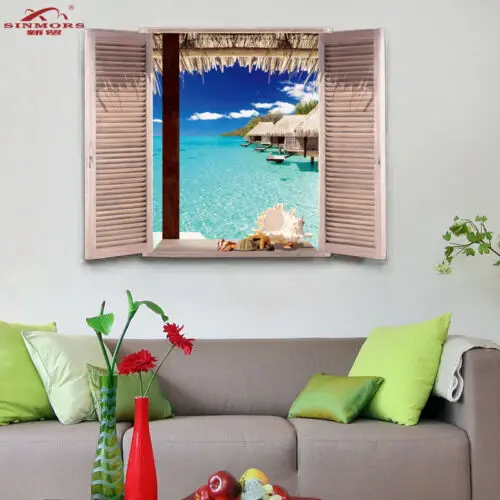 

3D Fake Window Maldives Wall Sticker Mural Decals Room Decor For Furniture Ocean Beach Wave Stickers