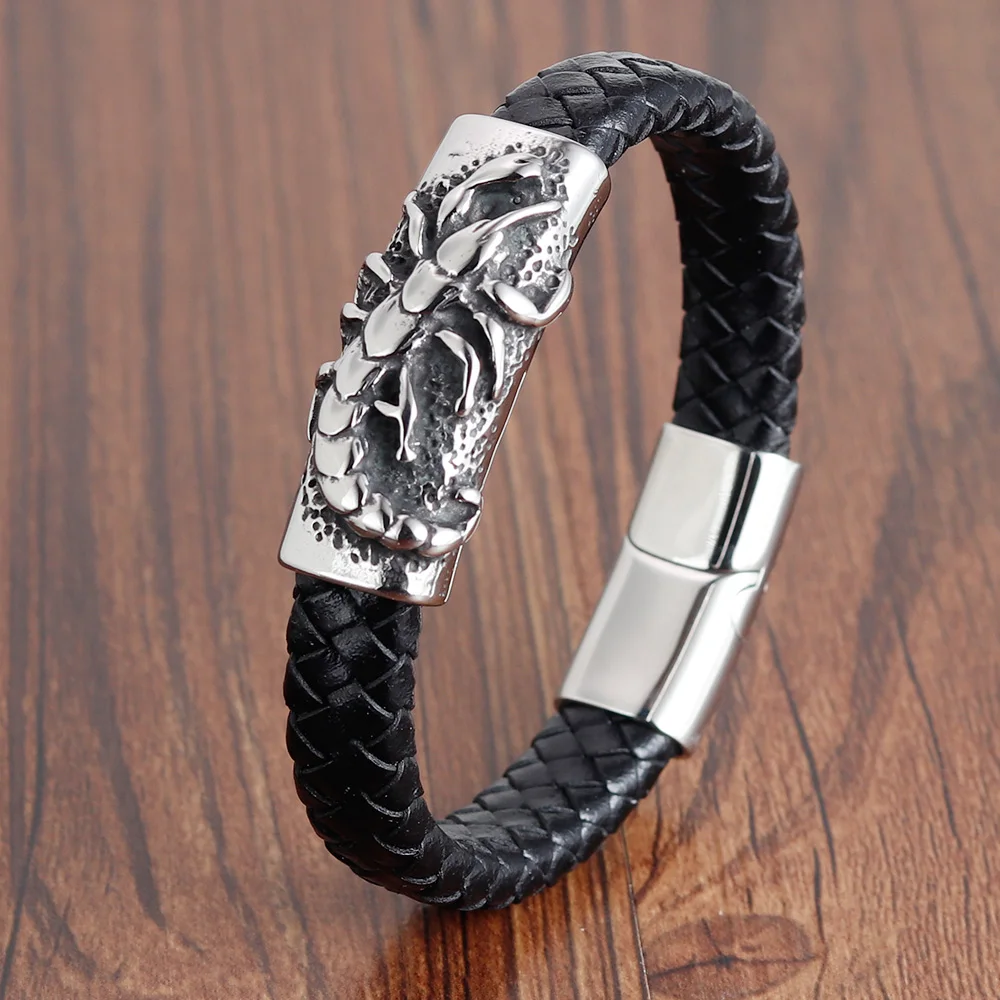 

Luxury Jewelry Genuine Leather Bracelet Stainless Steel Twining Classic Style Advanced Black High Quality For Wholesale