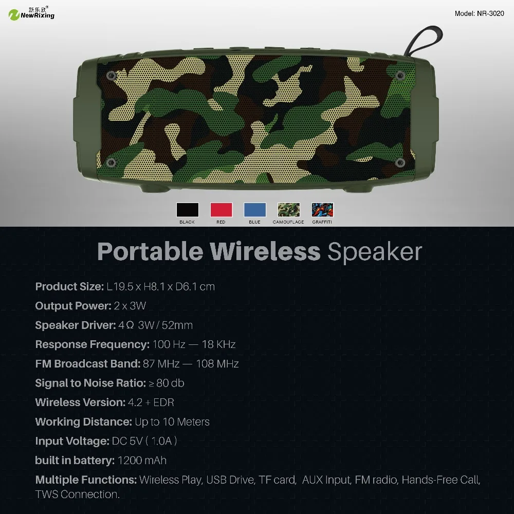NewRixing NR3020 Bluetooth Динамик colunas altavoz bluetooth con радио громкой связи Мощность портативные