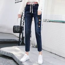 CTRLCITY вышивка Для женщин джинсы отбеленные женские джинсовые Винтаж эластичный пояс Для женщин s джинсы Поцарапанные Брюки для Для женщин