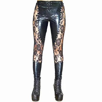 

Women Faux Leather Lace Up Sexy PU Pants Rivets Black Club Trousers Fashion Lace Gothic Pants Ladies