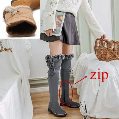 Женские ботфорты; коллекция года; Зимние теплые плюшевые женские высокие сапоги; однотонные теплые зимние сапоги для женщин; женские ботинки - Цвет: Grey Zip Plush