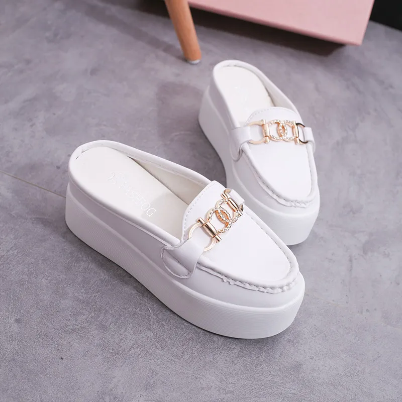 

PHYANIC Round closed toe thick bottom wedge heel slides women crystal platform shoes 2018 summer new flip flops beach slides