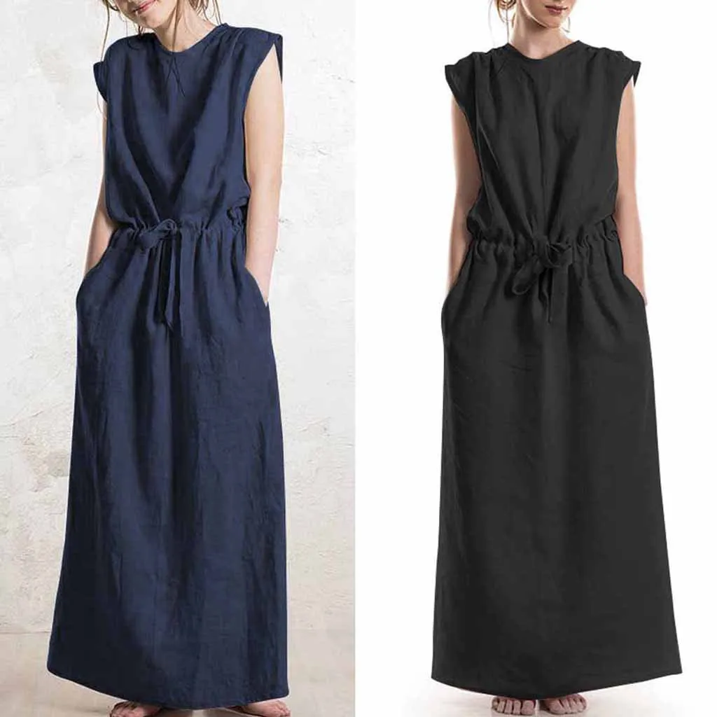 

Summer Women's Fashion Pure Colour Round Neck Simple Sleeveless Long Dresses Spring Summer Autumn Vestidos
