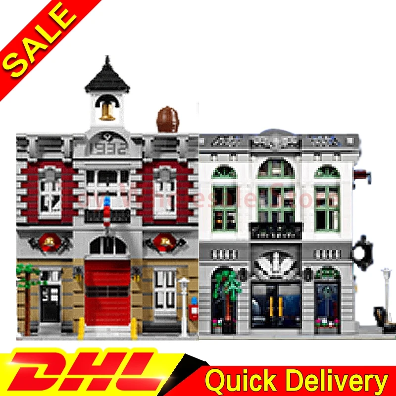 

LEPIN 15001 Brick Bank + Lepin 15004 Fire Brigade Model Building Street Sight Kits Blocks Bricks lepins Toy Clone 10251 10197