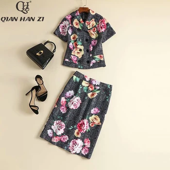 

Qian Han Zi 2019 Fashion Autumn\winter Suit sets Women's Double Breasted Slim coat+Vintage Print Bodycon Half Skirt 2 Piece Set