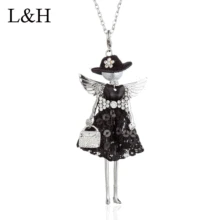 Lovely Rhinestone Bow-tie Sequin Dress Doll Pendant Necklace Long Chain Black Hat Angel Wing Girl Necklace For Women Jewelry sil black rhinestone angel wing necklace