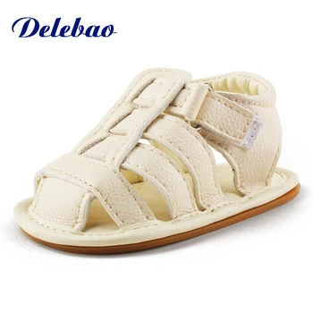 

Delebao 2018 Summer New Style Unsex Baby Sandals White Striped Hook & Loop Hook & Loop Sole Prewalkers Baby Shoes