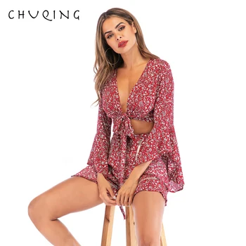 

CHUQING 2019 Summer Casual New Women's Suit V-neck Trumpet Sleeves Shirt + Shorts Two-piece