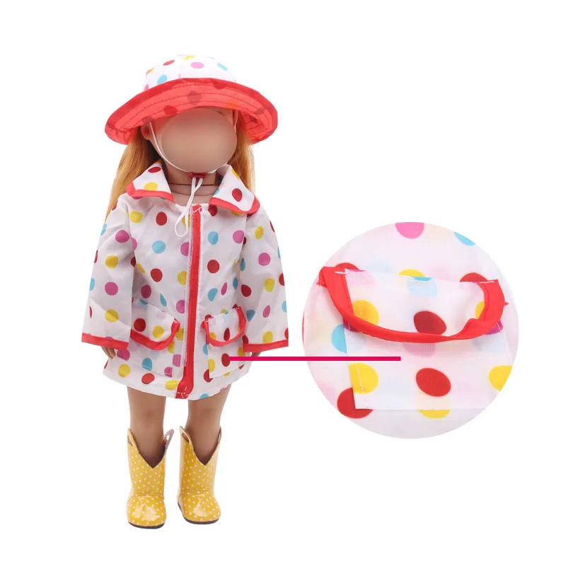 18 дюймовая кукольная одежда для девочек белый дождевик в горошек+ шляпа, американское платье для новорожденных детские игрушки, размер 43 см, детские куклы c271