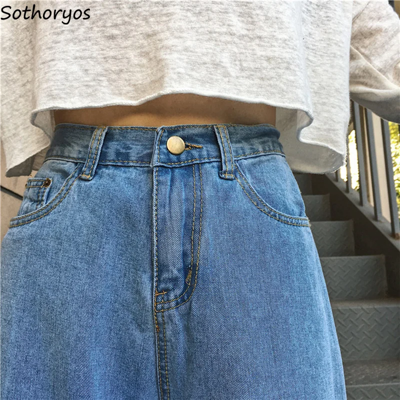 Jeans Women Denim Solid Ankle-Length Zipper Pockets Trendy Womens Wide Leg Pants Korean Style Sweet All-match Loose Leisure Girl