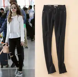 2018 Для женщин обтягивающие джинсы новые осенние модные узкие брюки джинсовые Strech черные рваные Высокая Талия Большие джинсы