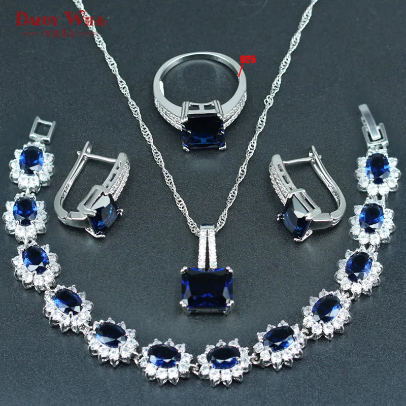 925 Silver Stamp Jewelry Blue Cubic Zirconia Jewelry Sets