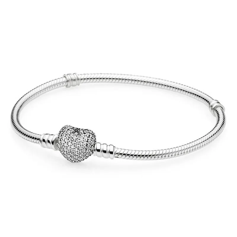 

Authentic 925 Sterling Silver Bead Charm Chain Fit Moments Silver Pandora Bracelet with Pave Heart Clasp for Women DIY Jewelry