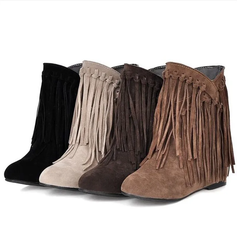 

2019 Winter Women Ankle Flat Boots Fringe Tassel Shoes Vintage Style 2019 Fashion Women Botas Beige Brown Black Plus Size 35-43