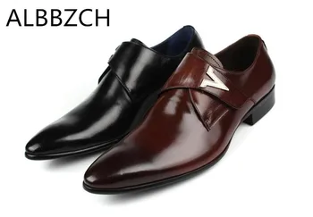 

New mens genuine leather dress shoes men fashion buckle pointed toe wedding shoes high quality cow leather office work man shoes