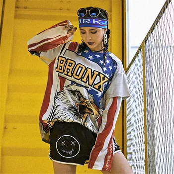 

just.be.never eagle head NEW YOURK print women T-shirt long sleeve tees female hip hop fake two pieces vintage atunmn streetwear