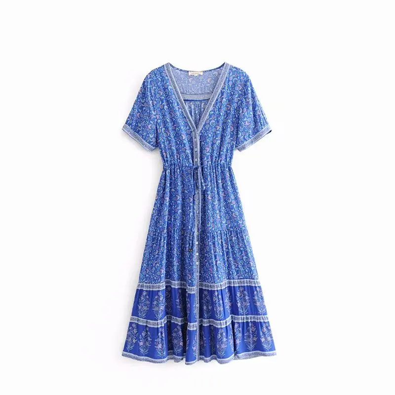 

2018 women national style v neck floral vestidos print patchwork long dress female short sleeve ruffles chic party dress DS1179