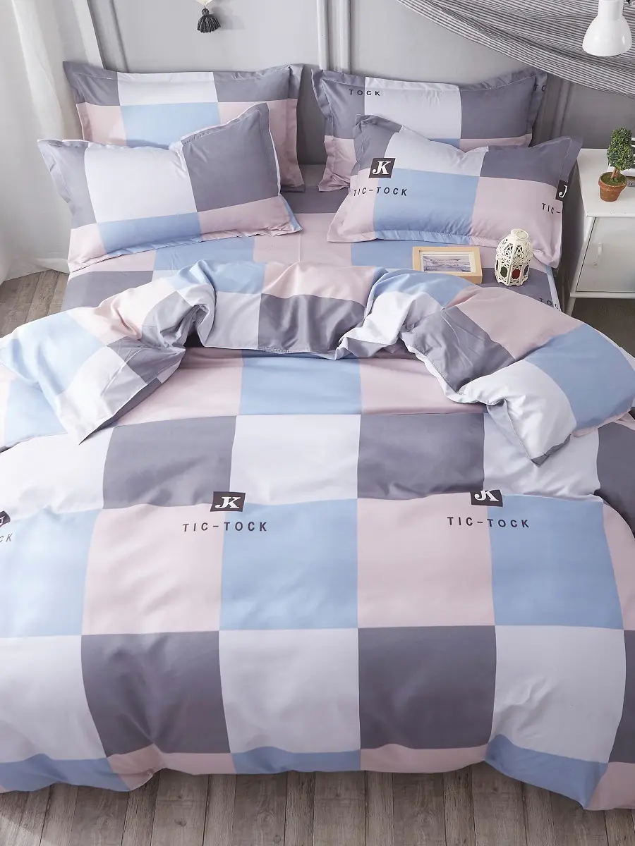 

3/4Pcs Duvet Cover Set Simple Color Block Check Pattern Comfy Supple Bedding Set