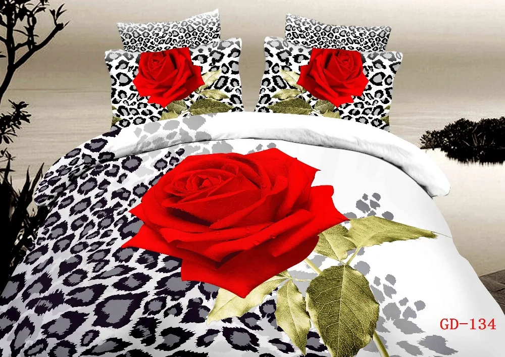 New Arrival Fascinating Red Rose Print 7 Pcs Bedding Sets 100 Cotton